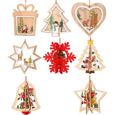 New Year 2D 3D Star Xmas Tree Bell Wood Christmas Tree Hanging Decorations Gift