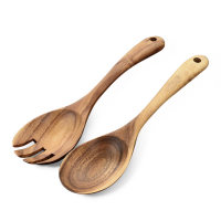 Natural Kitchenware Custom Logo Salad Serving Utensil Acacia Wood Cooking Fork Spoon Set