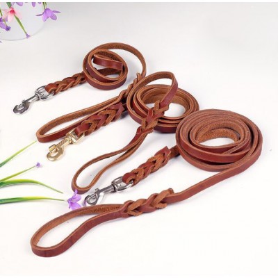 Durable Strong Soft genuine Leather Padded Strap Braided Handle  Hands Free  Luxury Dog Leash